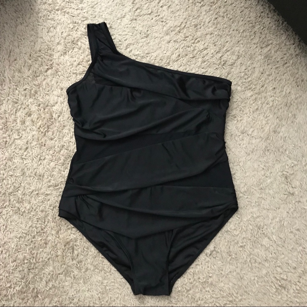 Sheer Mesh Panel One Shoulder Swimsuit